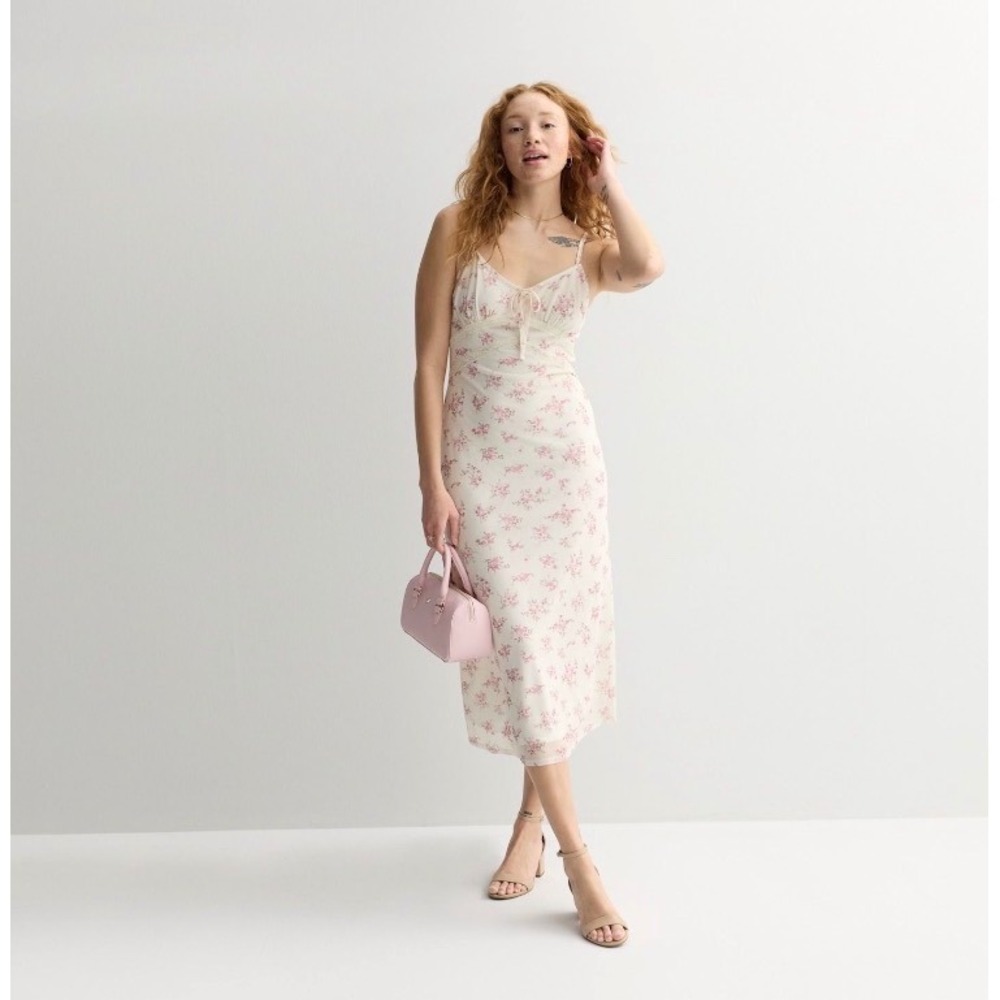 Pink Republic Floral Midi Dress Womens XL Ivory Pink Lace Trim Mesh Romantic